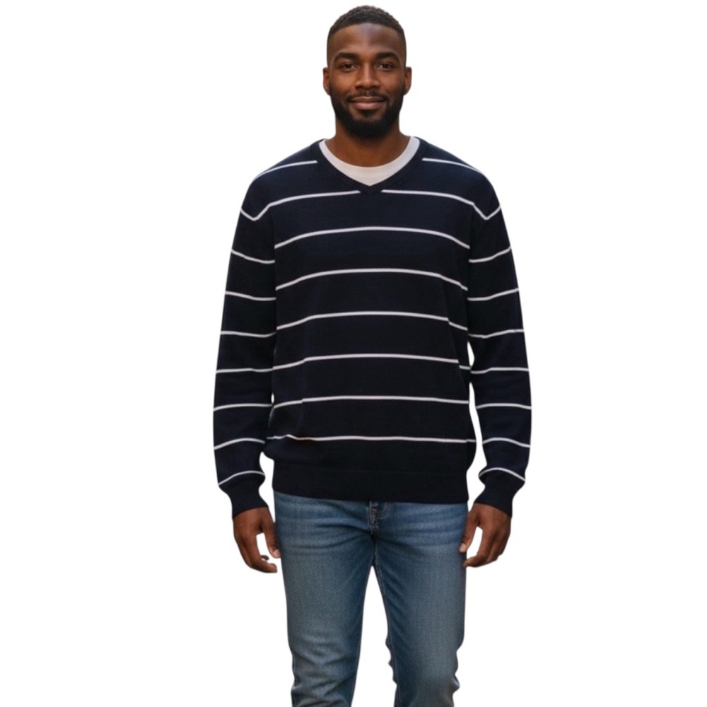 Angelo Litrico Men’s XL Black & White Striped V-Neck Pullover Sweater‎